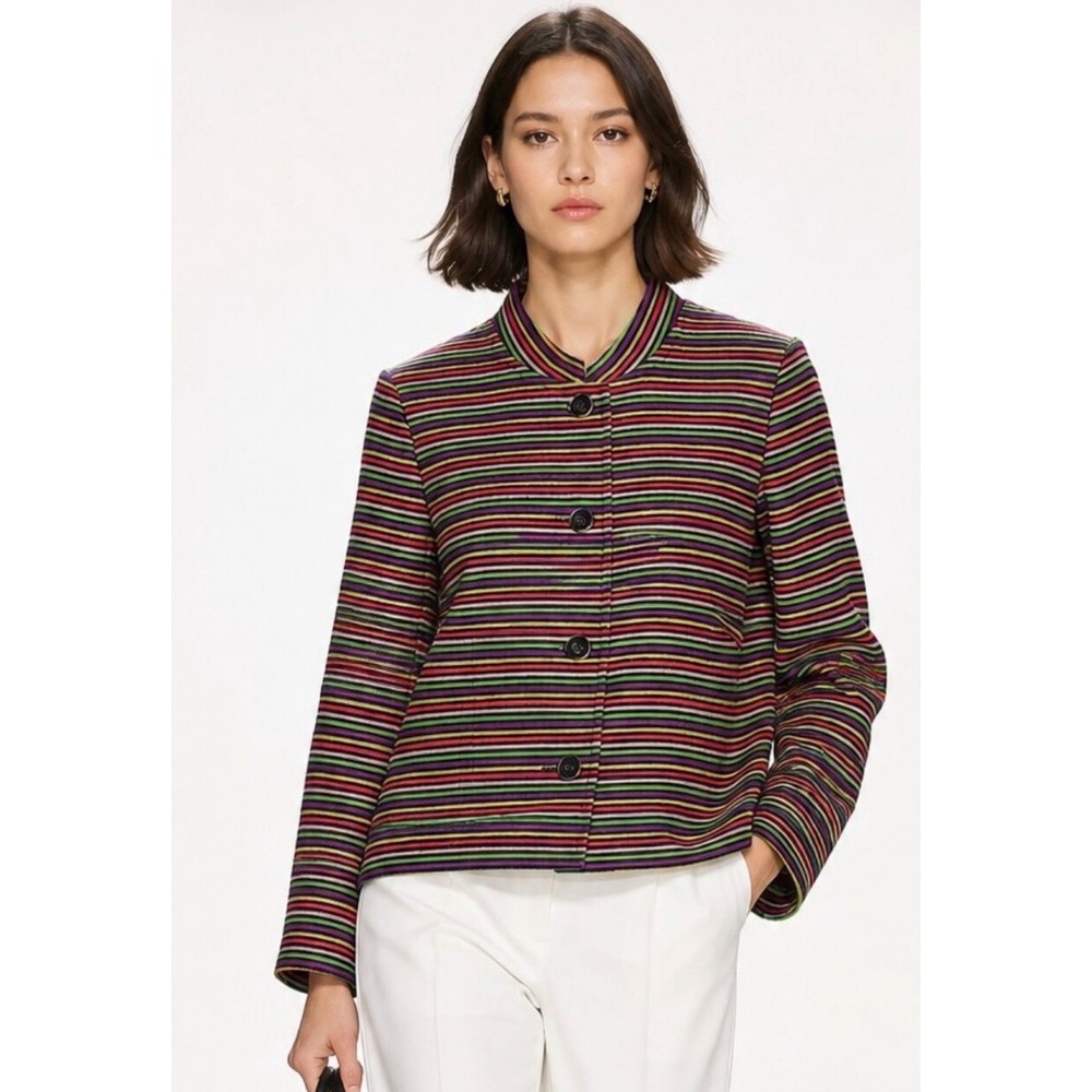 Talbots Petites Multi Color Striped Mandarin Collar Button Front Jacket 4P